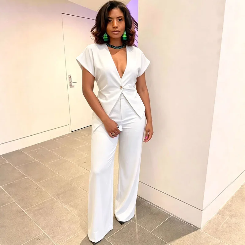 

Винтажный элегантный женский костюм-двойка Doyerl: офисный комплект для деловых женщин, пиджак на одной пуговице и брюки с широкими штанинами