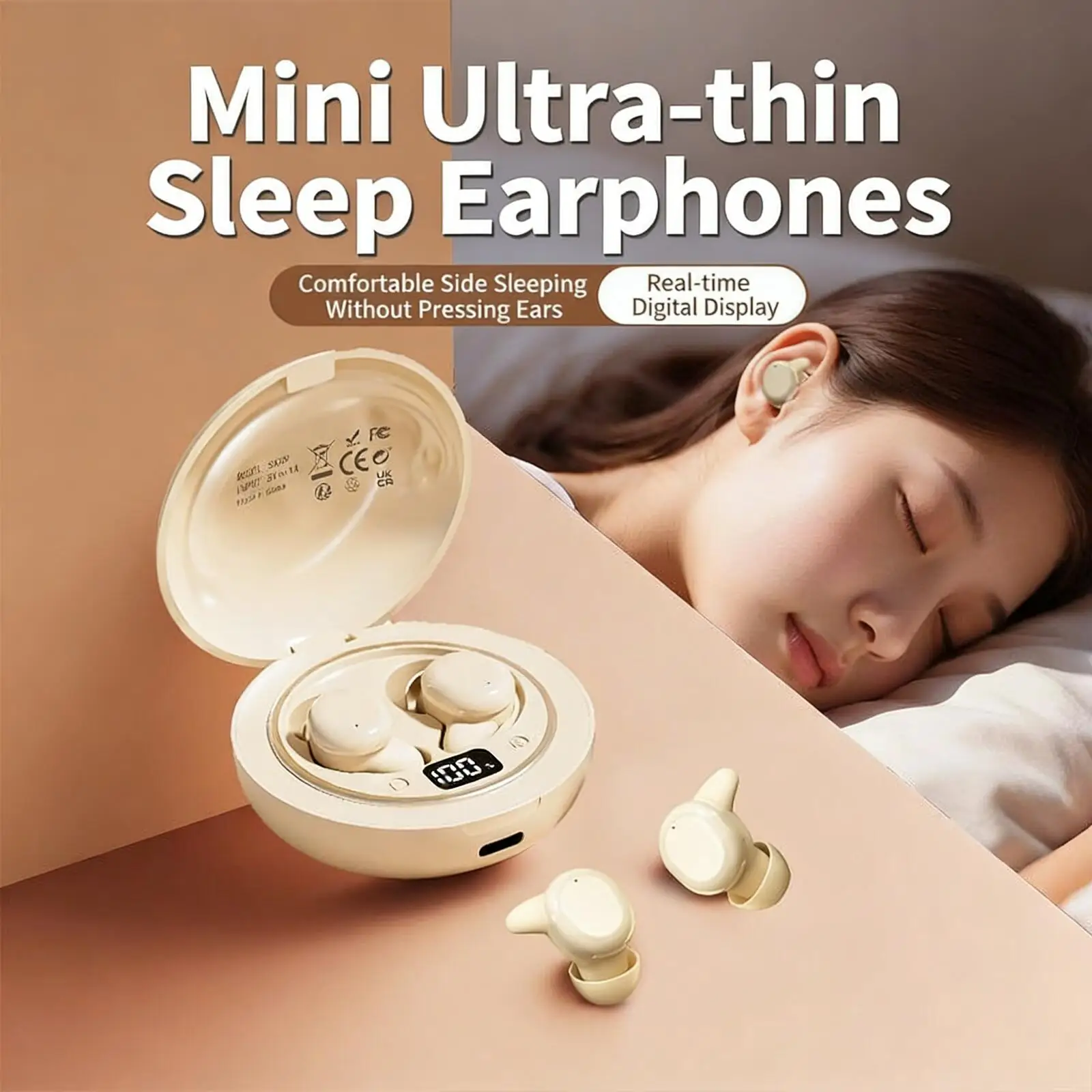 

Mini Invisible Sleep Earphones Bluetooth Shell Design Ultra-Light Soft Secure Fit Digital Display Earbuds for Side Sleeper Music