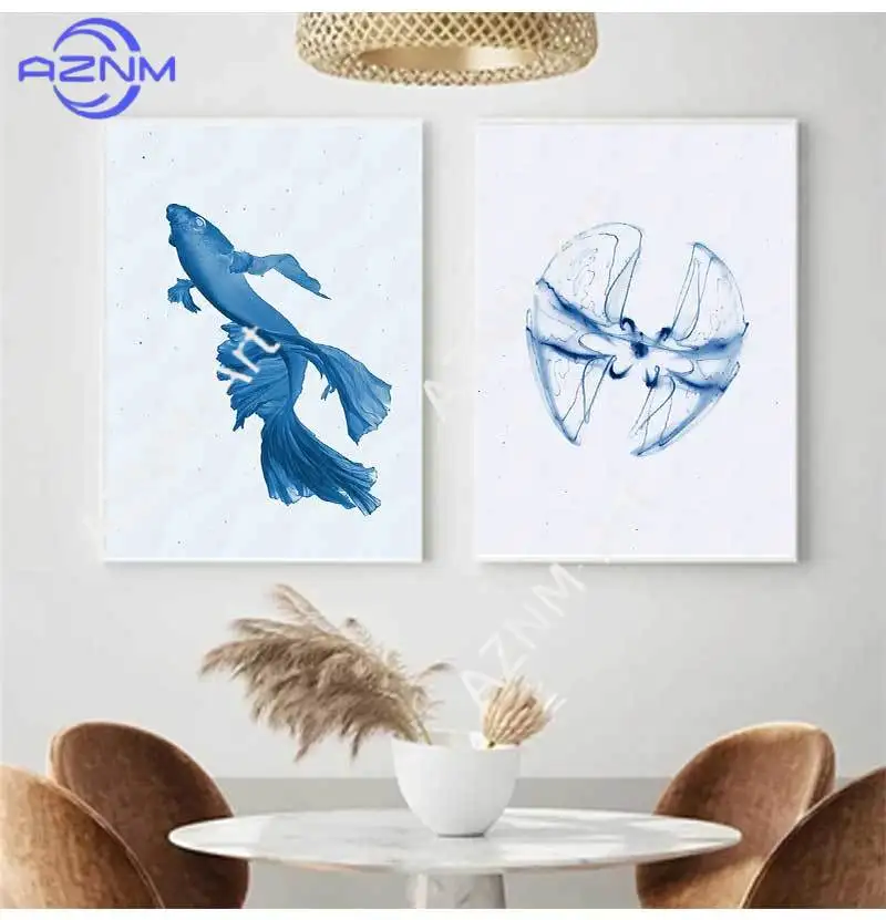 Retro Sea Animal Cyanea Jellyfish Squid Shark Minimalist Art Poster Canvas Painting Wall Prints Picture Living Room Home Decor