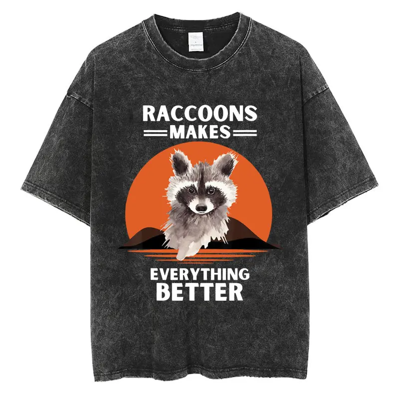 Live Fast Eat Trash Raccoon Funny Washed T Shirt Japanese Style Retro Popular T-Shirt Loose Cotton Casual Harajuku Short Sleeve