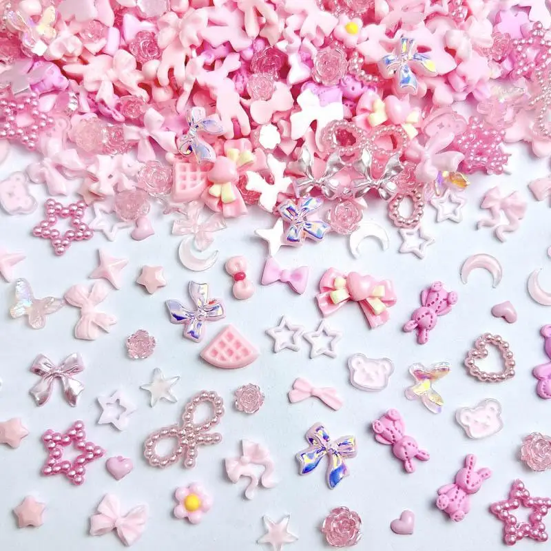 50PCS Minimalist Resin Bows Four-star Nail Charms Simulated Biscuit Cute Bear Head Rabbit Pink Series Nail Art Decorations DIY