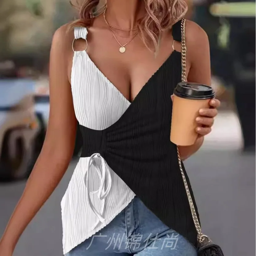 Camisola a juego de Color de hombro para chica, camisola sin mangas con hebilla colgante, cordón en la cintura, diseño de moda plisado, camisola sin mangas con cuello en V
