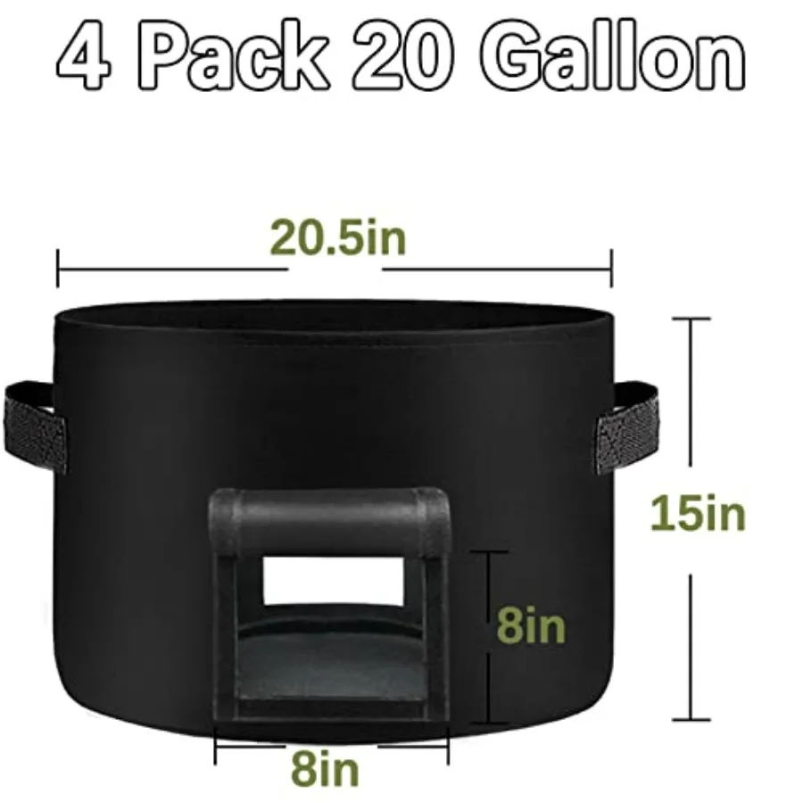 20Gallon Potato Grow Bags for home gardening, heavy duty 14oz/yd fabric, black color, dual-flap design with sturdy handles and