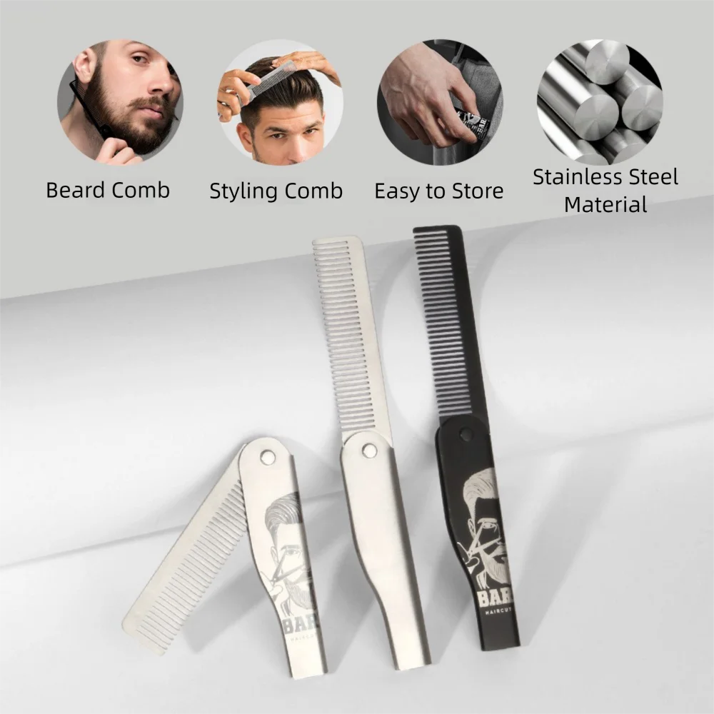 

Hairdressing Portable Steel Combs Moustache Oil Head Comb Folding Pocket Beard Combs Barber Tools Durable Hair Styling Comb
