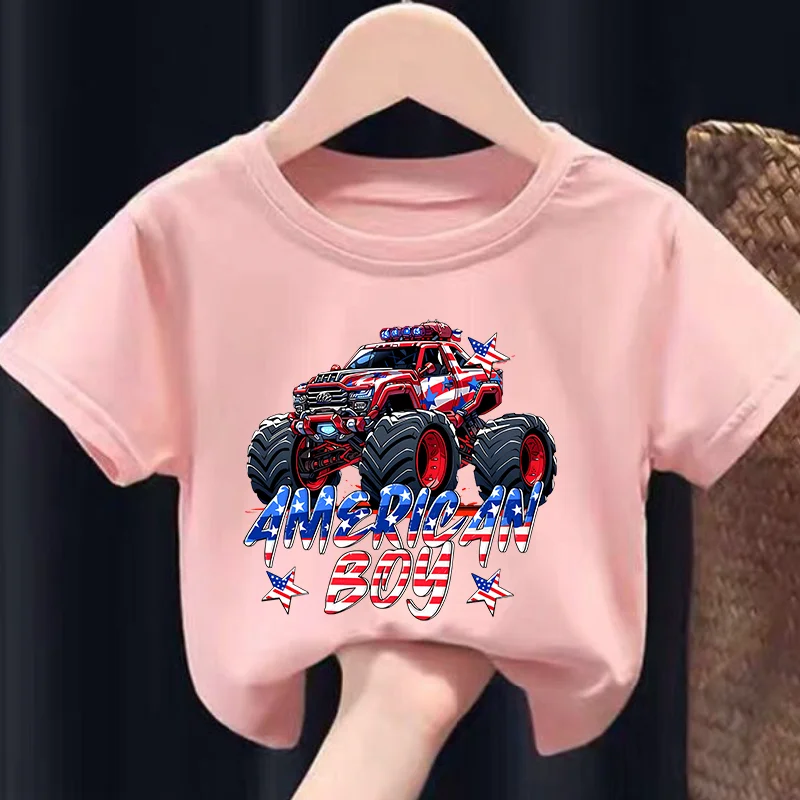 Boys Short Sleeve T-shirt Letter Independence Day Truck Print Summer New Casual Crew-neck Children's Wear Kids Clothes