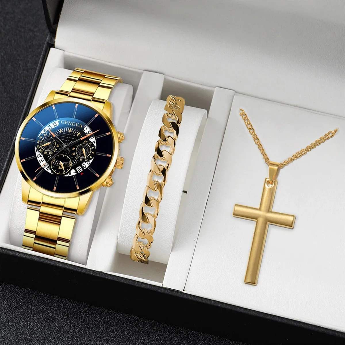 3 ピース/セットメンズファッションビジネスウォッチスチールバンド男性クォーツ時計カジュアルネックレスブレスレット腕時計セット (箱なし)