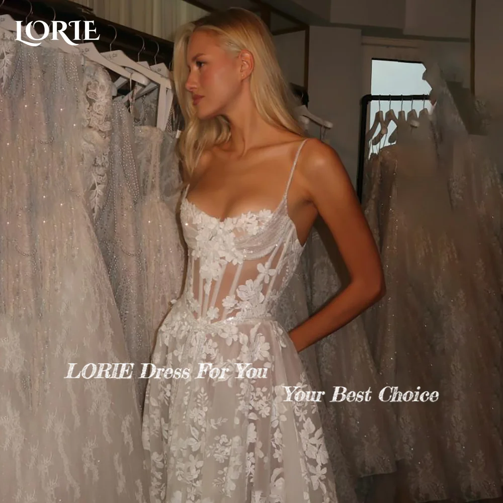 

LORIE Spahetti Straps Wedding Dress 3D Flowers Lace Sweetheart A-line Mermaid Bride Gown Appliques Customized Corset Bride Dress