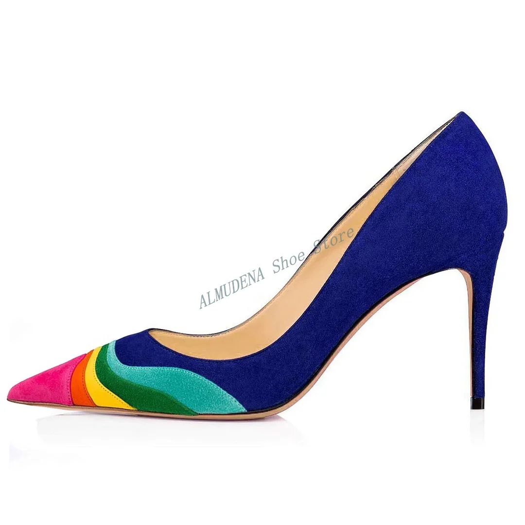 

Rainbow Suede Pointed Toe Stiletto Heel Pumps Women Mixed Color Thin High Heel Shallow Slip On Fashion 2024 Spring Autumn Shoes