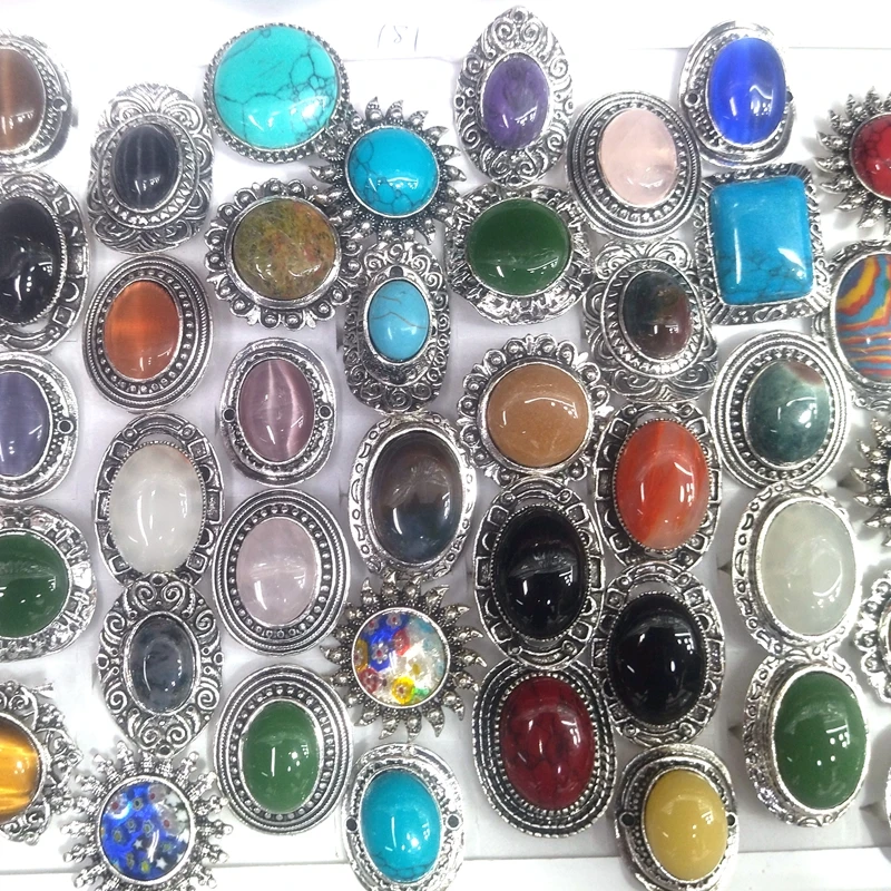 Antique Style Natural Stone Rings Mixed Color Adjustable 50pcs/Lot