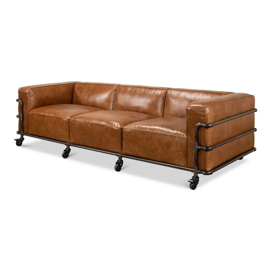 ♢X  Style Living Room Vintage Pu Leather Sofa with Cast Iron Wheels Iron Aged Functional Sofa Chair Living Room Furniture&