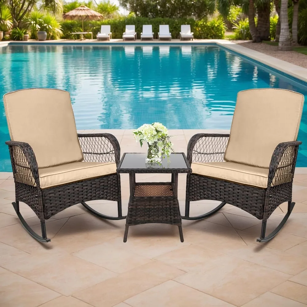 3 pcs Rocking Bistro Set Conversation Chairs PE Wicker Outdoor Rocking Chairs(Rocking Set,Khaki)
