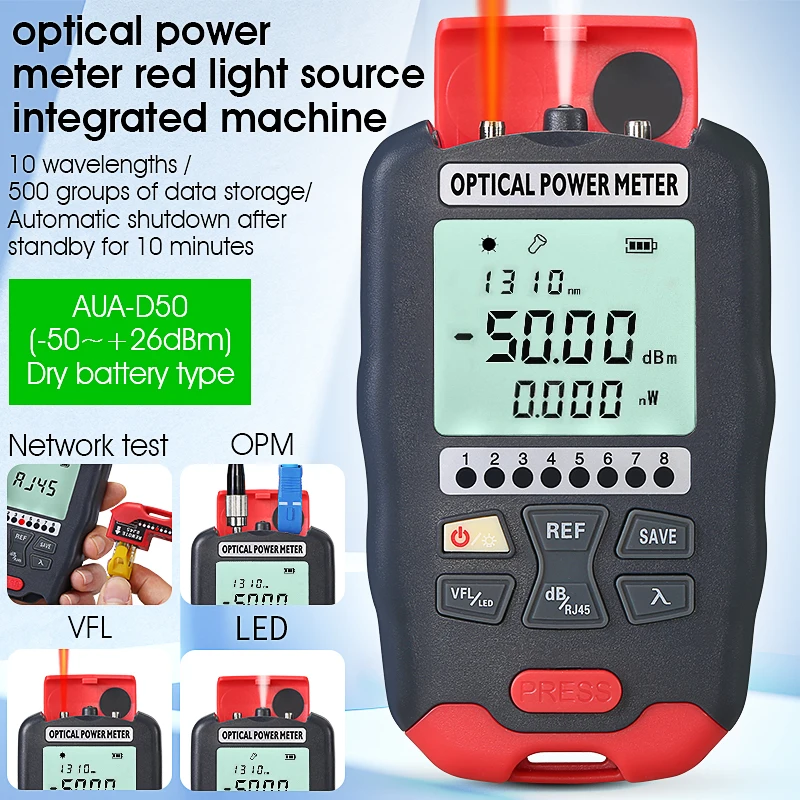 AUA-D50 4 in1 Mini Optical Power Meter Visual Fault Locator Network Cable Test Optical Fiber Tester 1~50mw(optional) Dry Battery