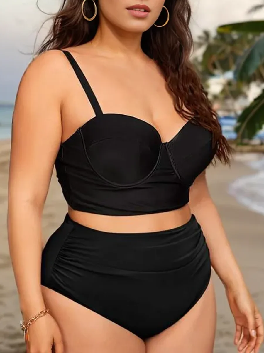 2024 Large Plus Size Push Up Solid Bikini Two Piece High Waist Swimsuit Women Swimwear Female Bathing Suit Beachwear Swimming