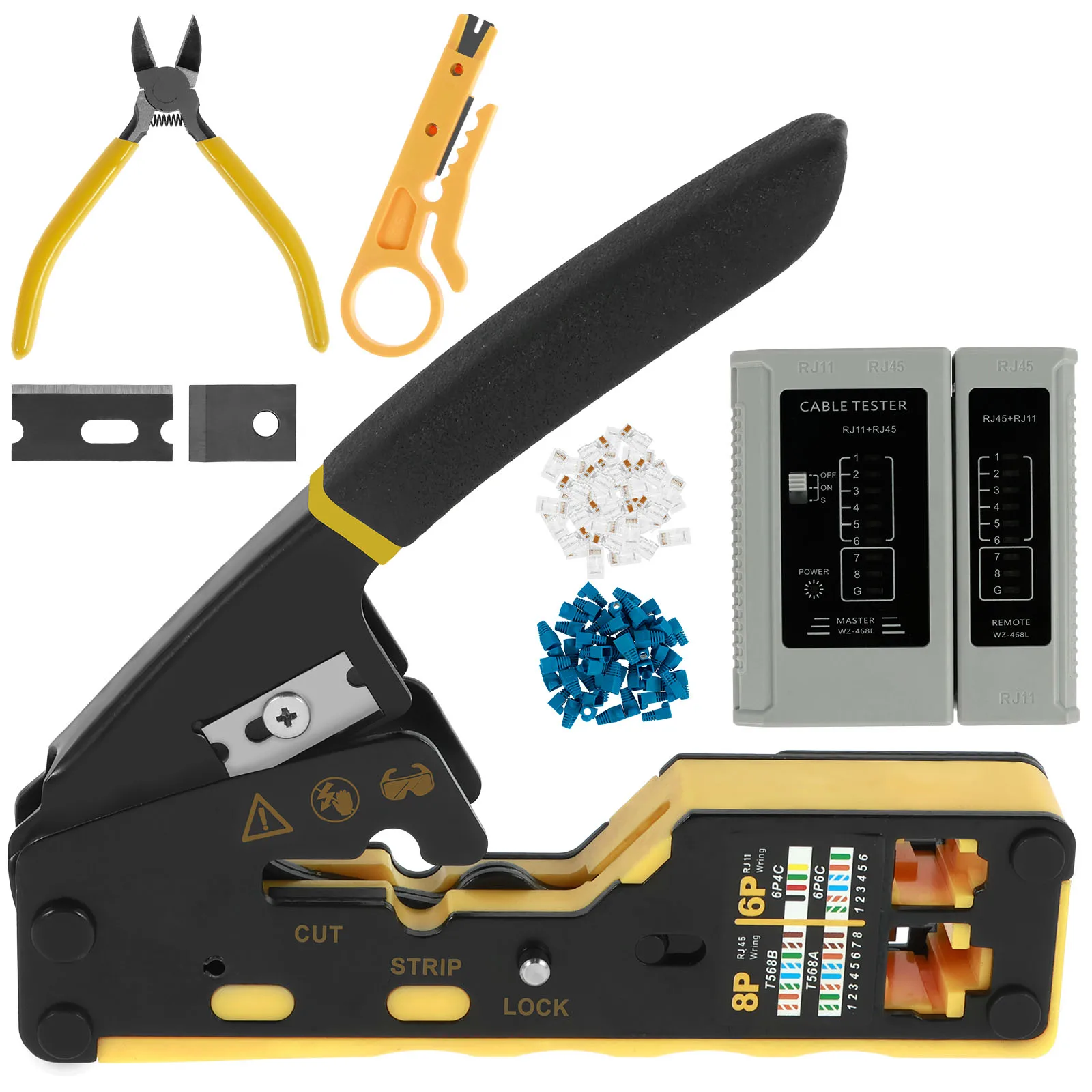 

Crimp Tool Kit Adjustable Wire Crimper Tool with Wire Cutter Plier Stripper Blades and Connectors Cable Plier and Stripper Set