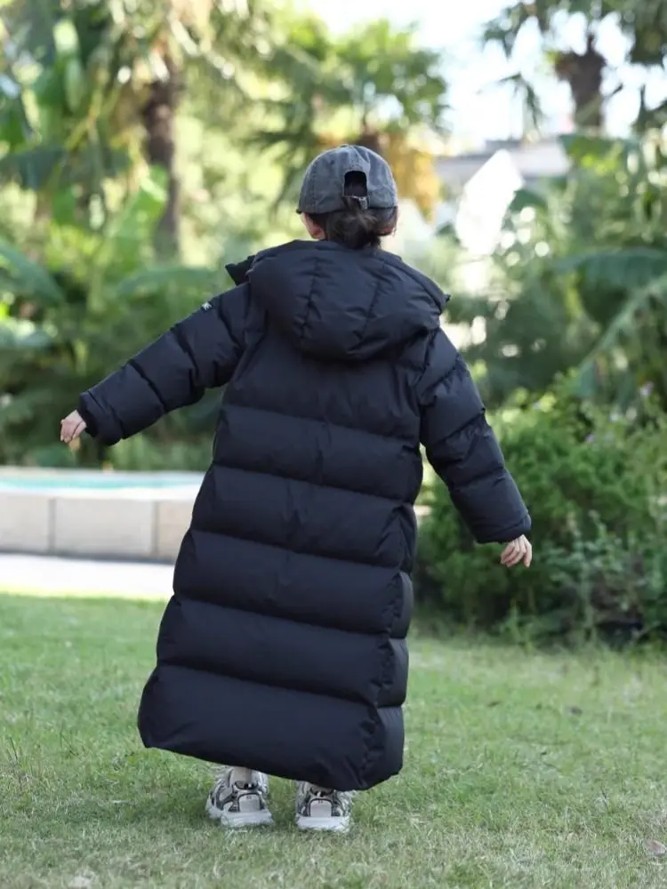 Children's Down and Cotton Jacket Winter New Style Boys' and Girls' Long Style Over Knee Thickened Hooded Jacket