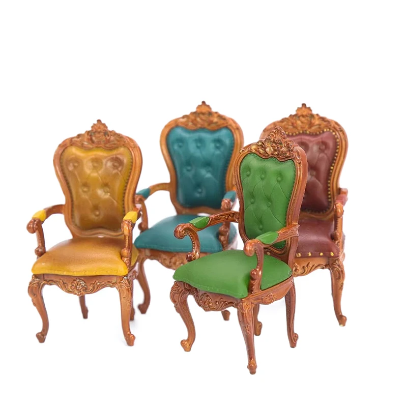 1Pcs 1:12 Dollhouse Miniature European Armchair Footstool Retro Study Chair Furniture Model Decor Toy Doll House Accessories