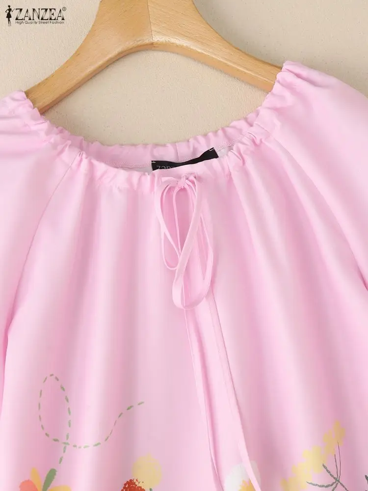 ZANZEA بلوزات نسائية غير رسمية مطبوعة بالزهور لصيف 2025 برباط علوي ورقبة دائرية وأكمام قصيرة ملابس نسائية ملابس خروج 3XL