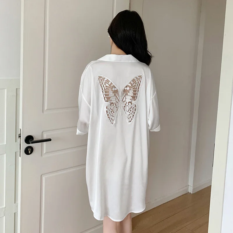 White Dressing Gown Women Turn-down Collar Sleepwear Lady Shirt Home Dress Nightgown Summer Rayon Sleepshirt Lingerie