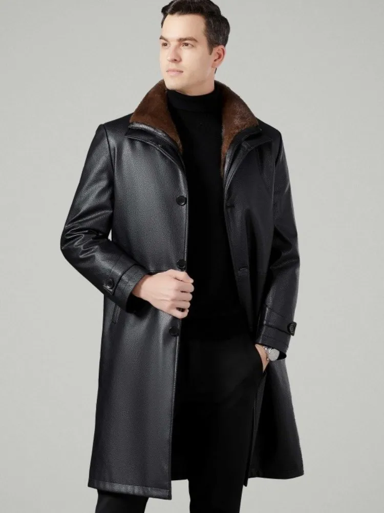 Windproof Warm Male Black PU Leather Overcoat Detachable Liner Mid-length Thick Coat Mens Winter Long Lapel Leather Coat Fleece