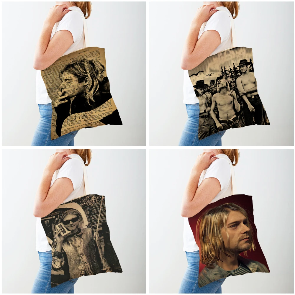 Kurt Cobain Shopping Bags Rock Roll Music Shopper Supermarket Bag Design Women Handbag Eco Portable Convenient Storage Tote