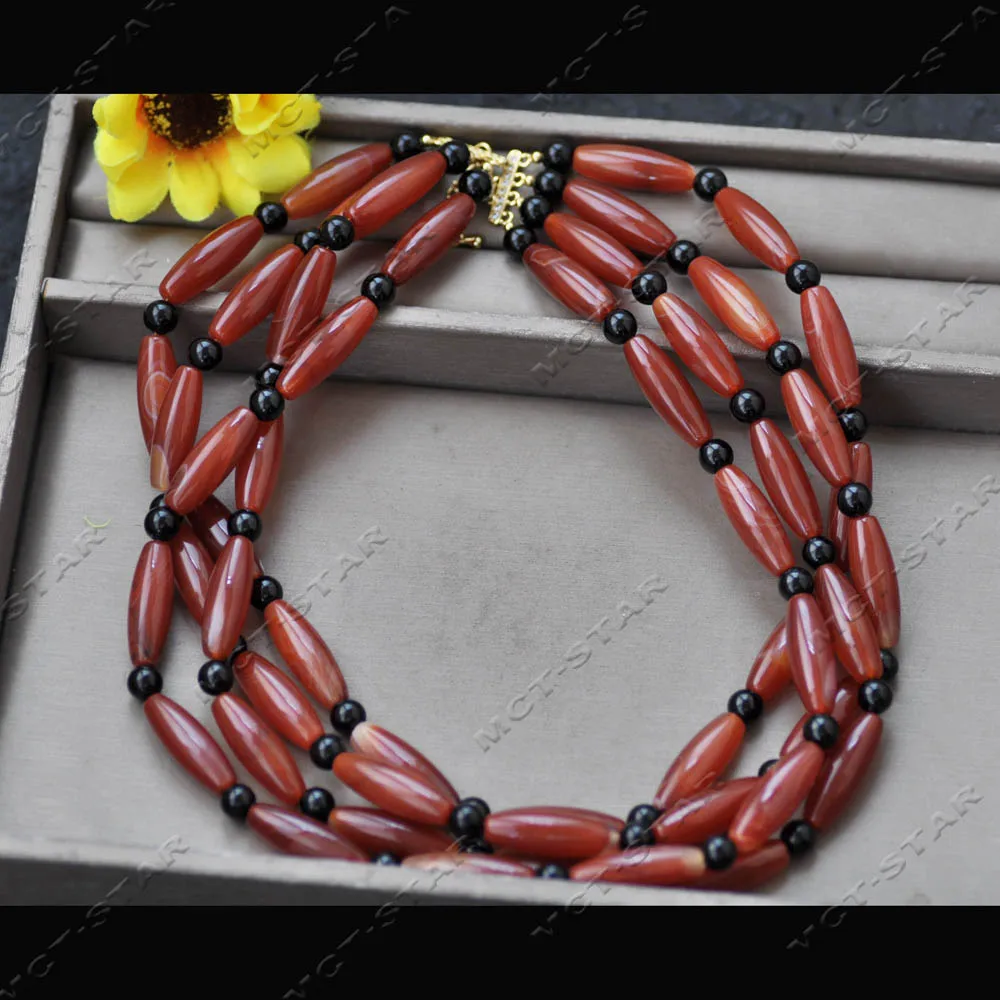 MTC·STAR 4Row 22'' 30mm Natural Red Dreamland Rice Black Round Agate Bead Necklace (Z14585)