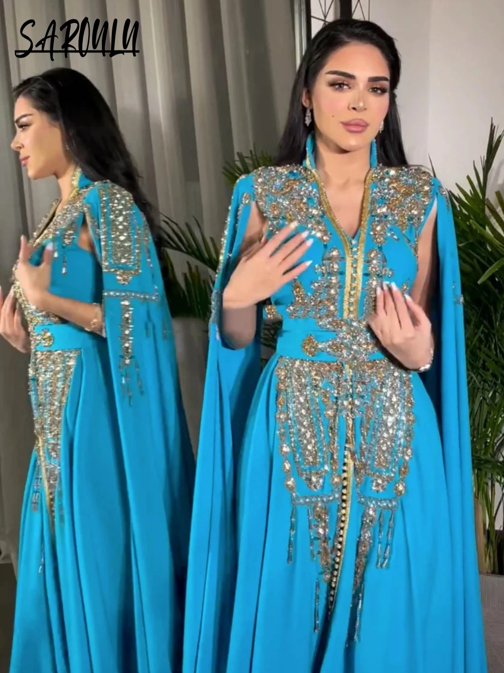 Encantador vestido de noche con mangas casquillo, caftán árabe personalizado para mujer, línea A, cuello en V, brillante, fiesta de boda, vestido de graduación de celebridad