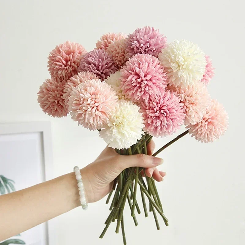 6pcs Artificial Dandelion Flowers, Fake Hydrangea Bridal Wedding Bouquet, Home Garden Party Wedding Decor, Winter Christmas Home