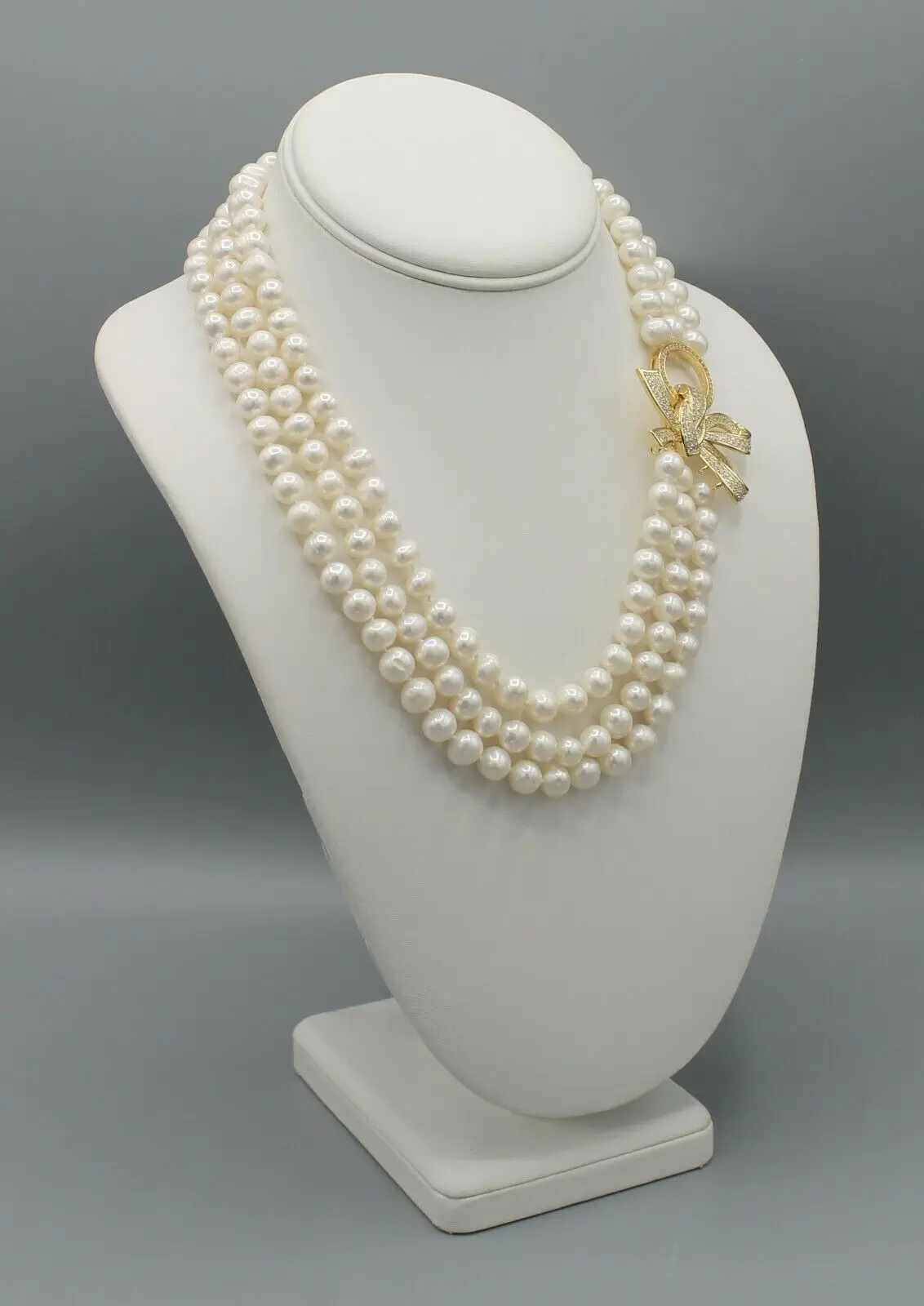 Hand knotted 8-9mm white freshwater pearl necklace micro inlay zircon bow clasp fashion jewelry