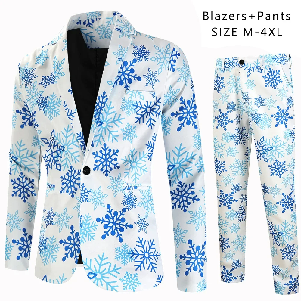 (Blazer + Pants ) Large Size Christmas Cartoon Print Costume Homme 2 Pieces Prom Stage Party Dress Up Slim Fit Men Suits Sets