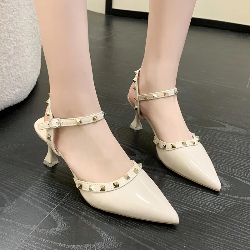 2024 Summer New Baotou Back Air Sandals Women's Feeling Rivet One line Buckle Strap Thin Heel Shoes