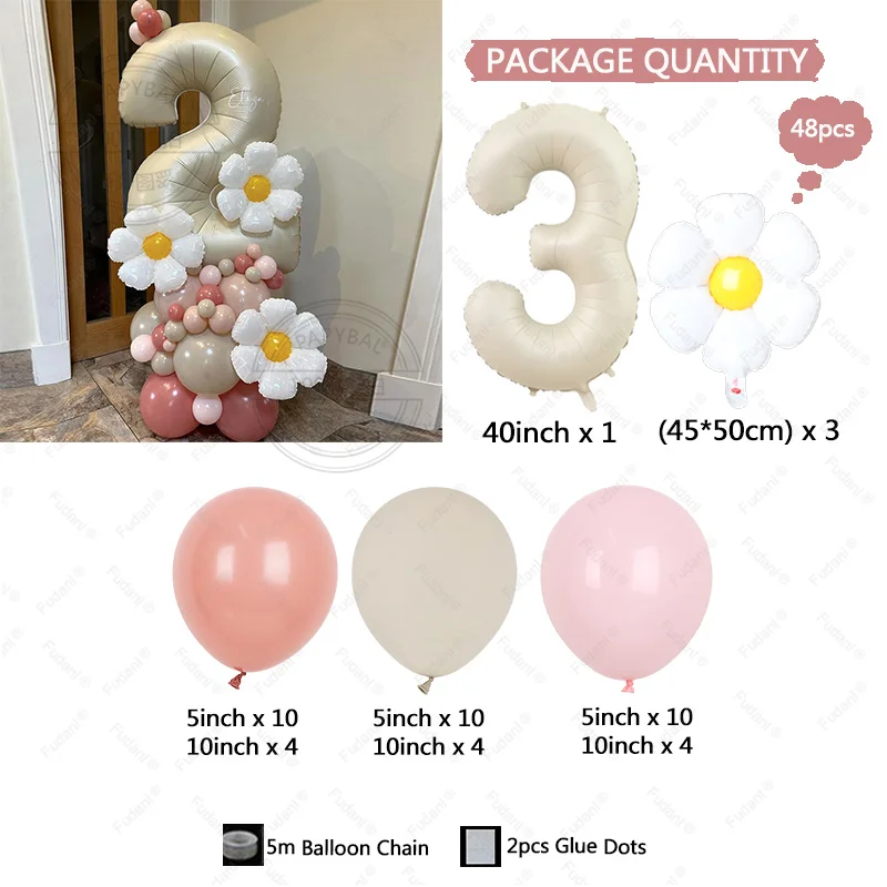 48pcs Fresh white daisy flower milk white aluminum film digital balloon column retro pink latex ball children\'s birthday giftset