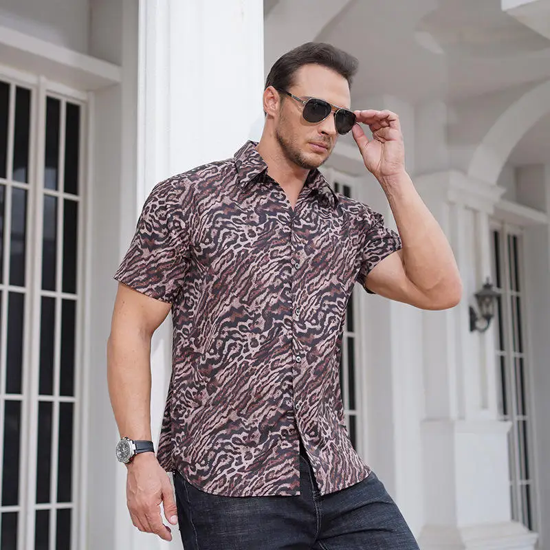 

Summer Thin Short Sleeve Shirt Large Size Men's Clothing Vintage Style Leopard Print Casual Shirt Comfortable Fit Daily Wear