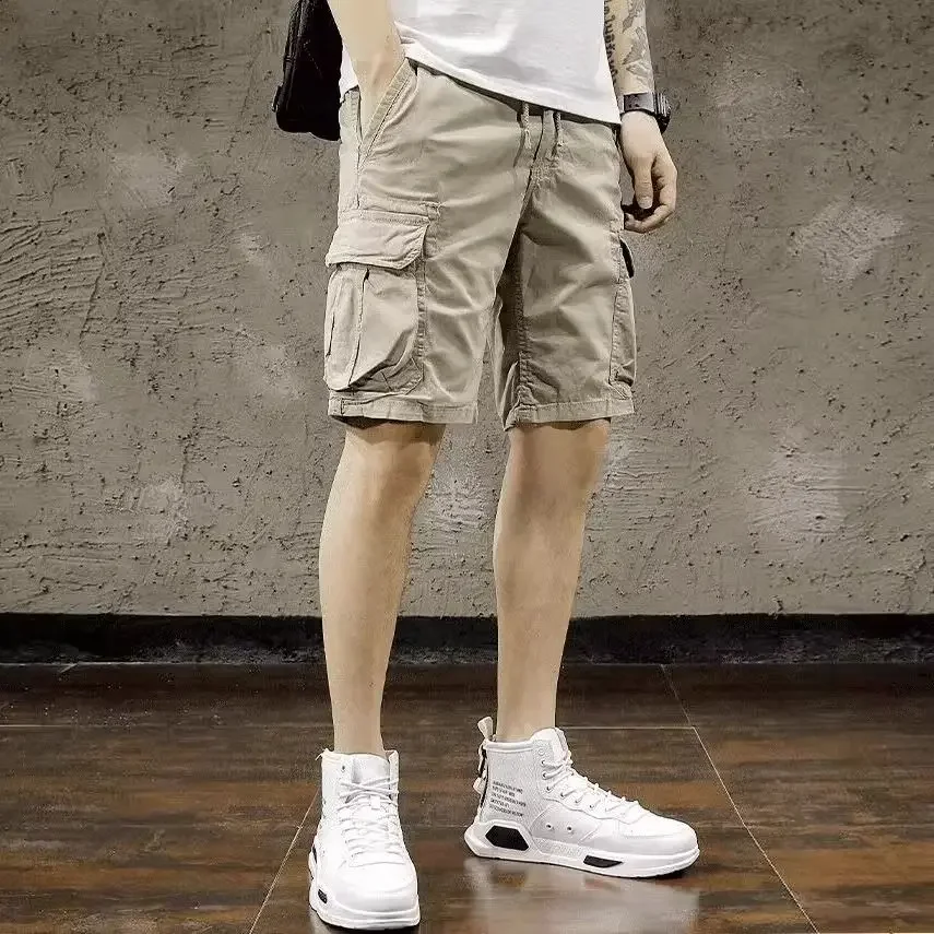 Elastic Waist Long Wide Solid Baggy Multi Pocket Loose Half with Draw String Male Short Pants Bermuda Men's Cargo Shorts Popular