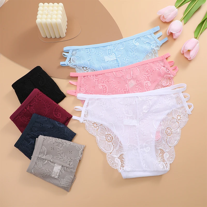 5Pcs Thin Mesh Sexy Transparent Women Underwear Lace Panties Seamless Low Waist Briefs Hollow Out Traceless Panties Double Strap