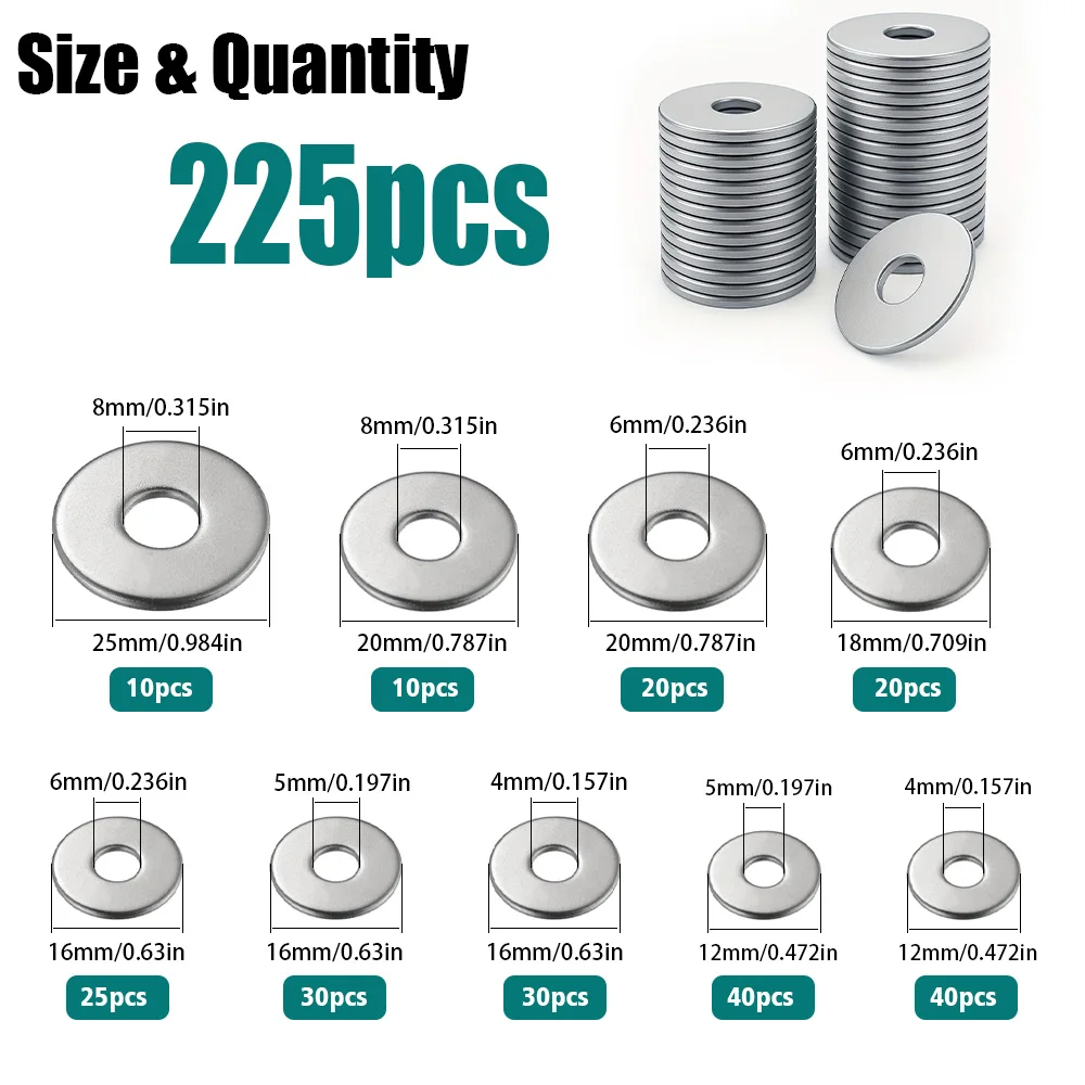 225 Large Wide-Body Stainless Steel Flat Washers M4, M5, M6, M8, for Home Maintenance, Shop Repairs, and Outdoor Building Repair