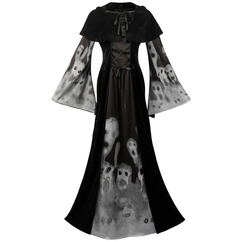 Costume d'Halloween pour Femme, Robe de Mort de Sorcière, Modules, Seton, Vampire, Noir, Slim, Jupe Maxi, Robe de Soirée Rétro