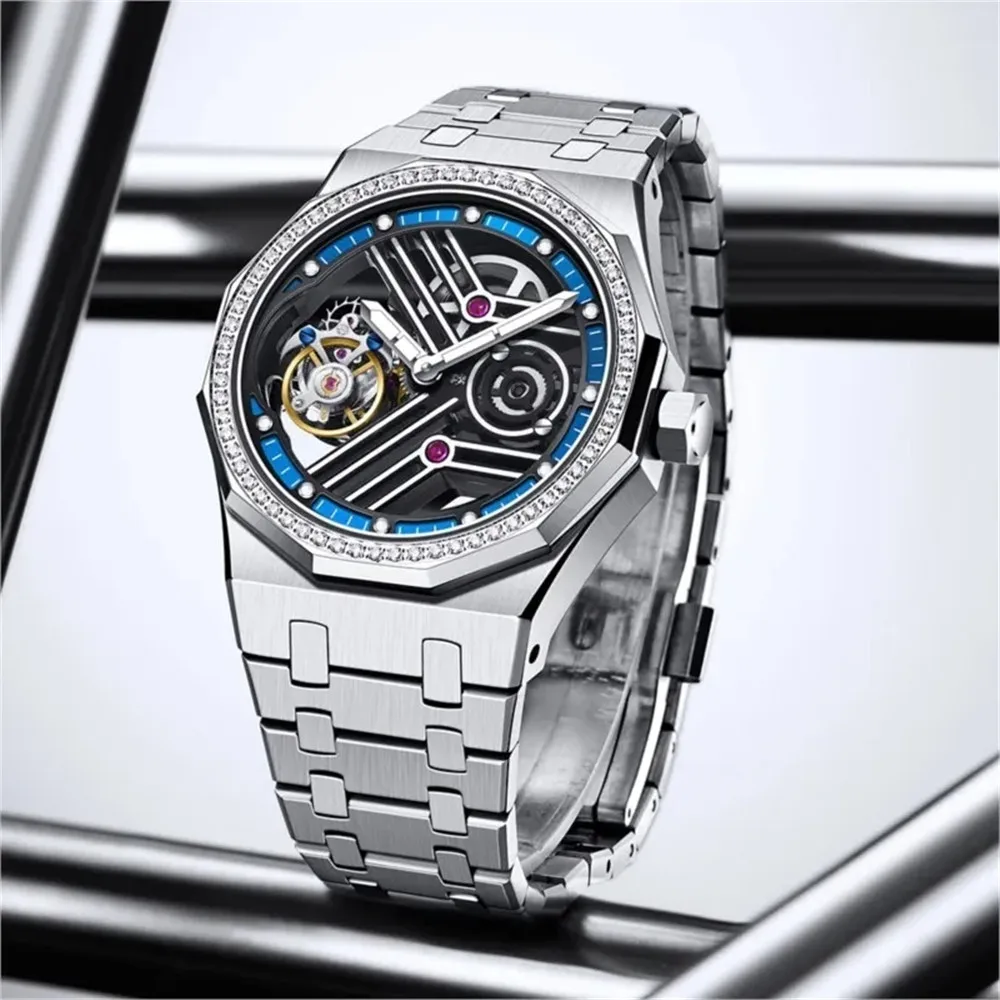 AESOP Men's Flying Tourbillon Mechanical Skeleton Wrist Watch Waterproof Stainless Steel Octagon Wristwatch with Sapphire Mirror