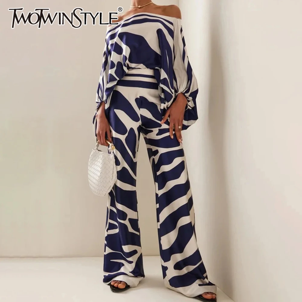 TWOTWINSTYLE Hit Color Two Piece Sets For Women Slash Neck Lantern Sleeve Top High Waist Loose Wide Leg Pant Fashion Set Female