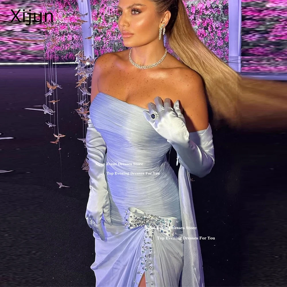 

Xijun Gorgeous Blue Long Evening Dresses Cape Split Mermaid Prom Dresses Beads Bow Sleeveless Formal Prom Gowns Women Customized