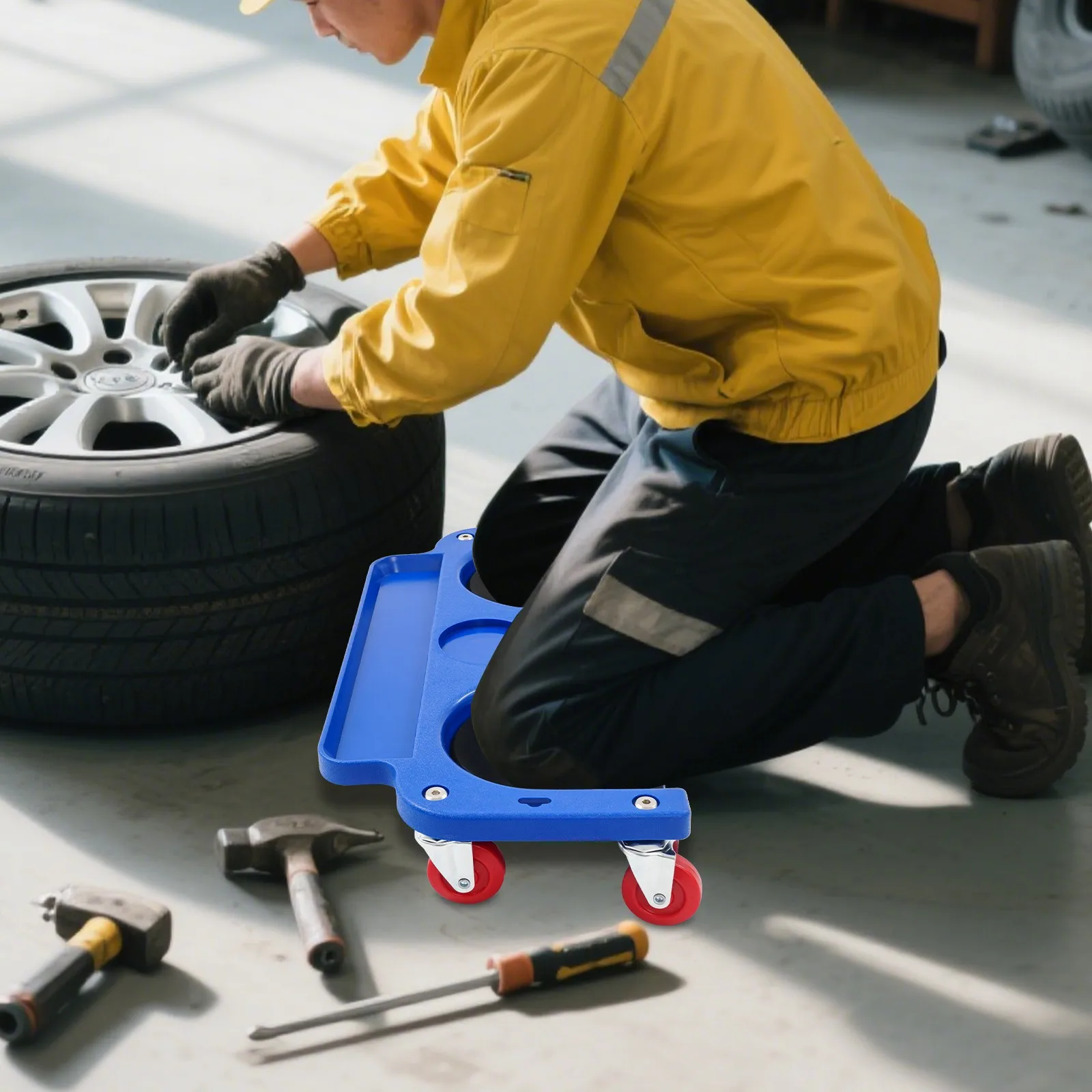

Kneeling Board with Wheels Blue Rolling Knee Pad/Creeper Tire Repair Tool
