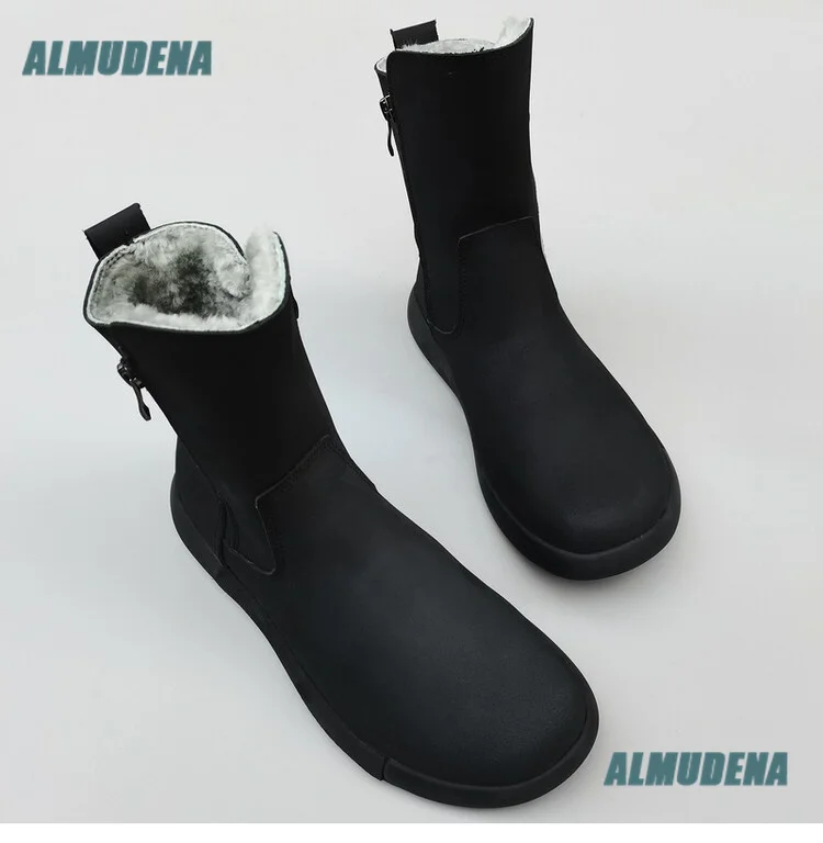 Men Black Leather Mid-Calf Winter Boots Round Toe Side Zipper Fleece Lined Warm Soft Flat Non-Slip Cold-Weather Snow Boots