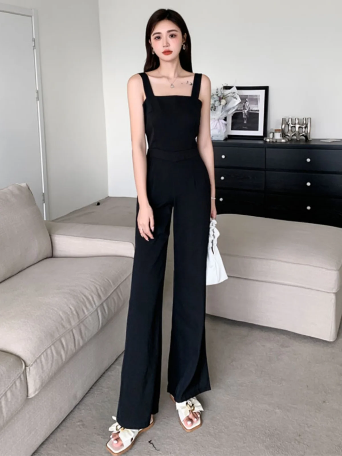 

Spring Summer 2025 High Waist Bla-Piece Overalls Women's Faion Slimming Wide Leg Pants Commute Sle Regular Thin