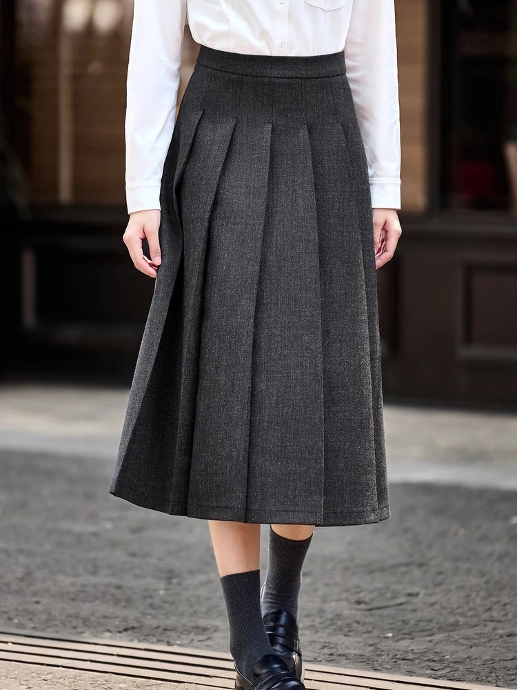 

Women's Dark Grey A-Line Skirt 2025 Autumn Office Elegant Commuter Easy Fit Stretch Comfort Slimming Pleated Skirt 153QB3442