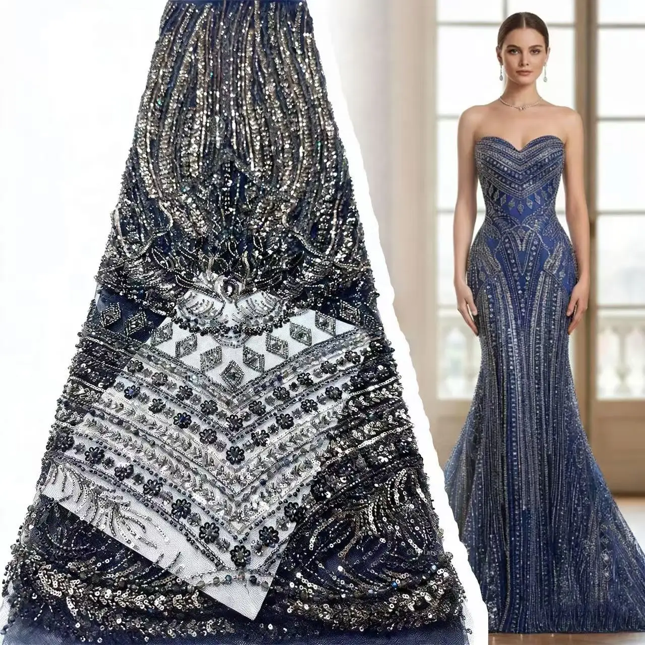 

Новая Премиальная Французская Ткань Ручной Работы с Тяжелым Бисерным Кружевом, Высококачественная Роскошная Африканская Ткань с Пайетками для Пошива Вечерних Платьев