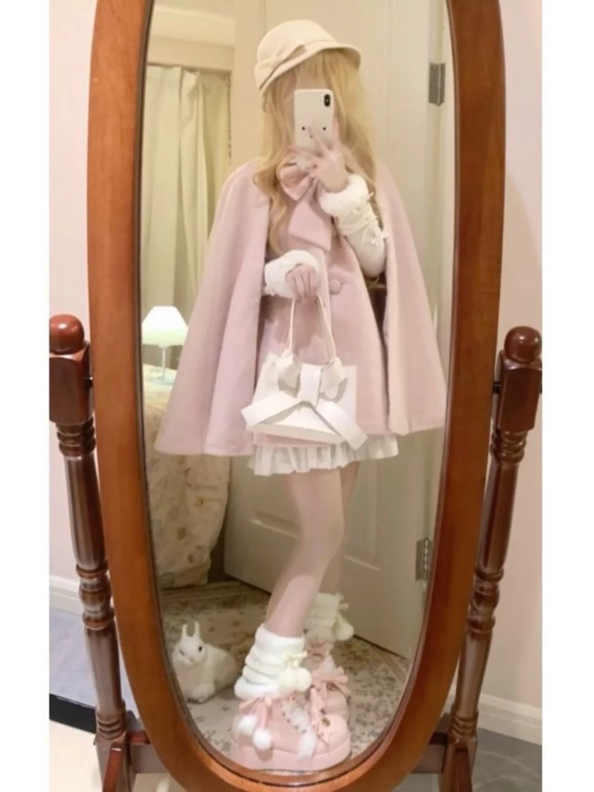 

Princ Sle Autumn Winter Pink Coat Loose Cowl Ne Design with Bow Tie Versatile Outerwear for Young Women Long Sve
