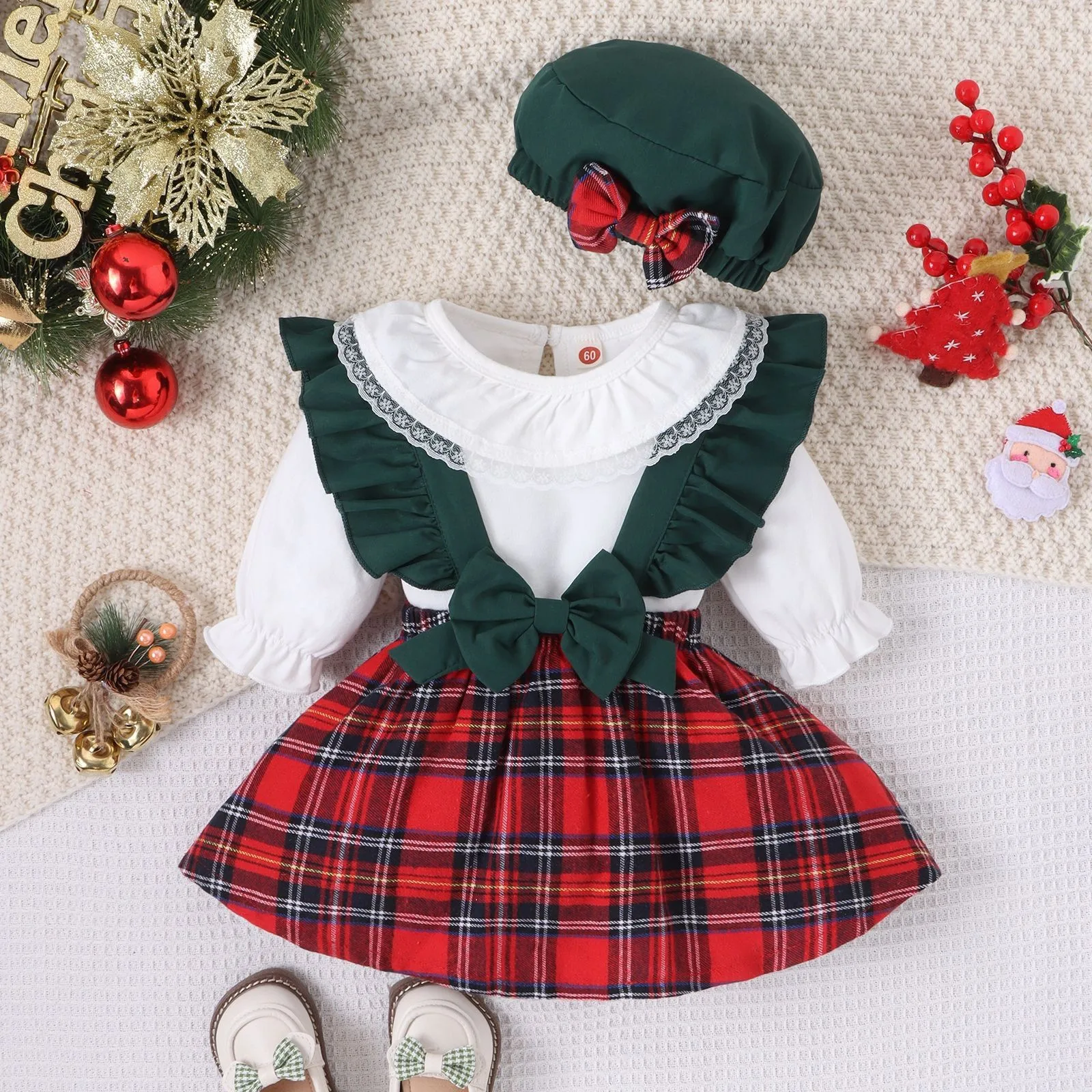 Christmas Baby Girl Clothes Solid Color Lace Bodysuit Plaid Ruffles Suspenders Dress with Basque Cap Toddler Outwear Suit