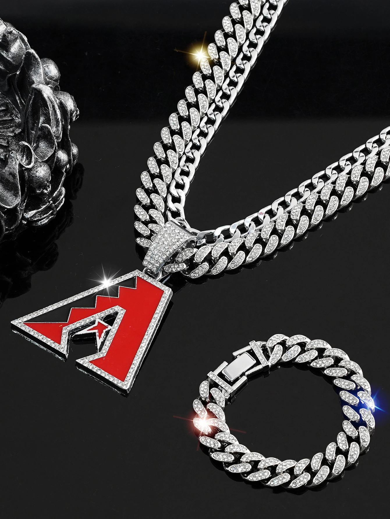 3Pcs/Set Zinc Alloy letter A Pendant Necklace & Bracelet Plus Plain Stainless Steel Chain,Men\'s Personality Jewelry Daily Wear