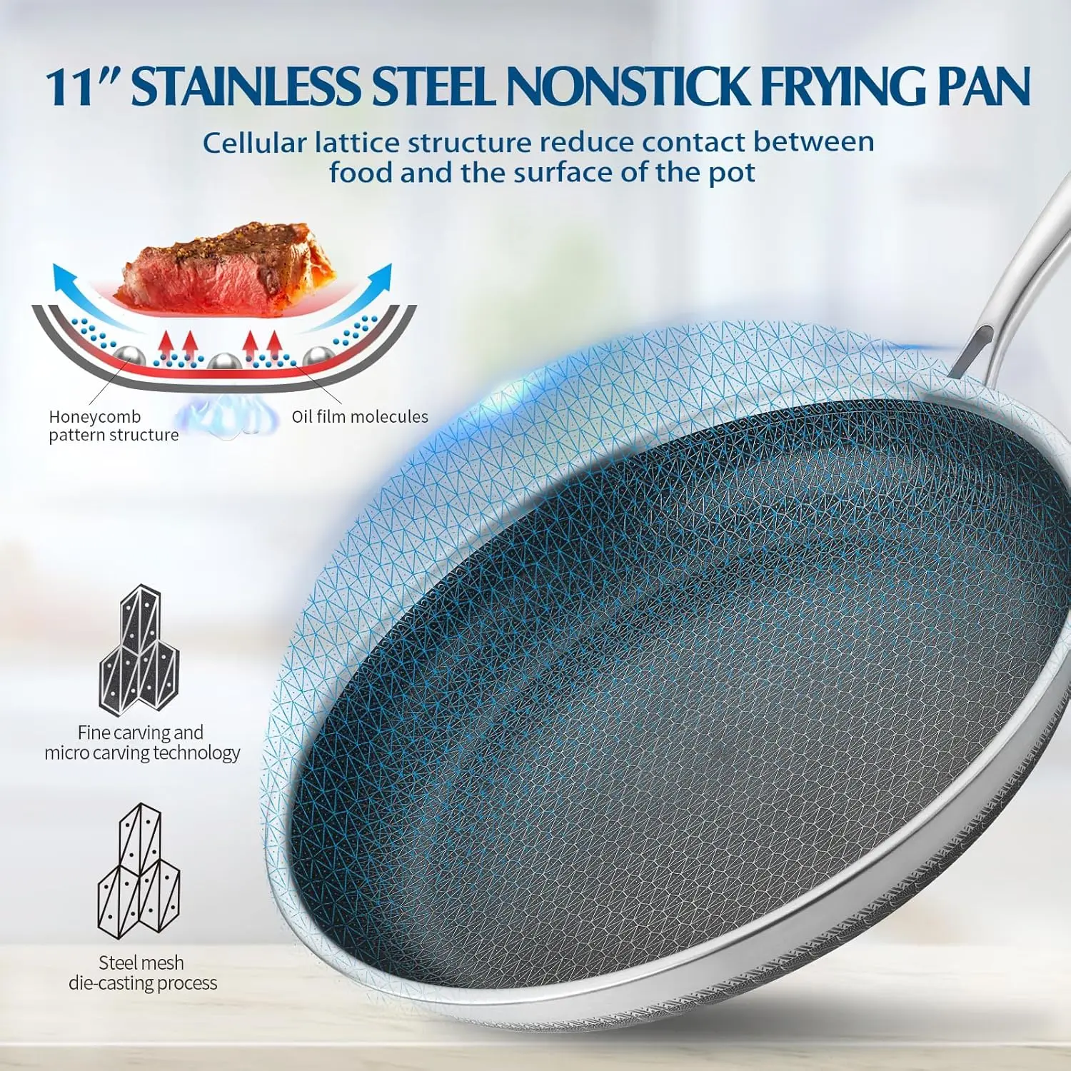 Non Stick Frying Pans, Stainless Steel Nonstick Fry pan with Honeycomb for Kitchen Cooking - 11” Skillet with Lid