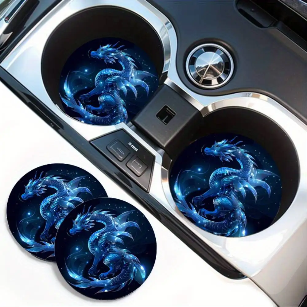 Blue Dragon Glass Print Car Cup Holder Coasters Non-Slip Rubber Drink Mats Vehicle Interior Accessories