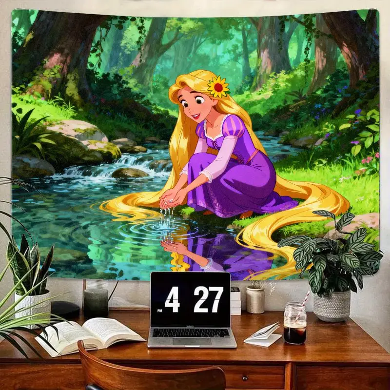 

1PC Disney Princess Rapunzel Tapestry, Modern Polyester Wall Art, Tangled Forest Stream Bedroom Decor Gift for Girls Kids Fans.